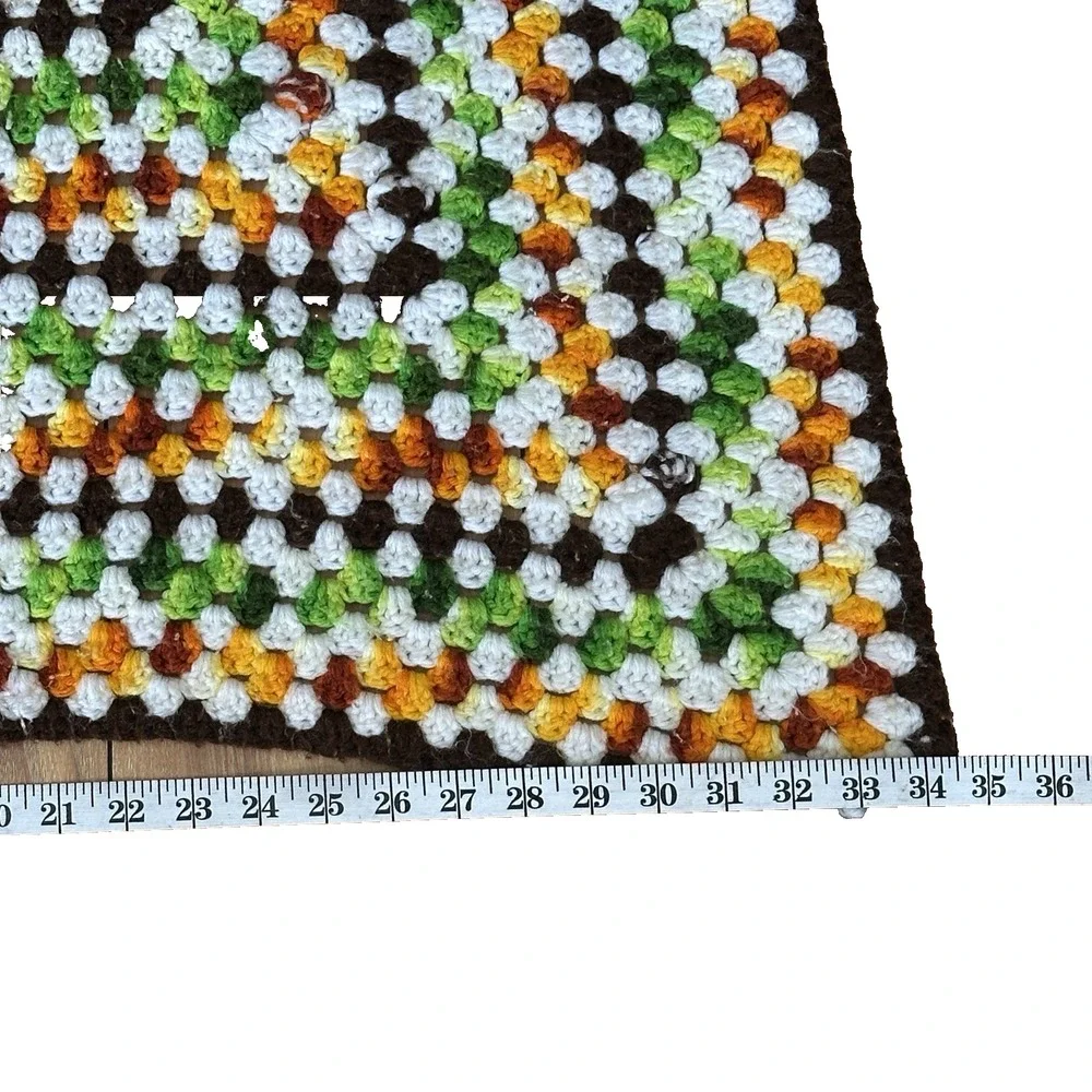 Vintage Handmade Granny Square Afghan Blanket Throw Green Brown White 45X34